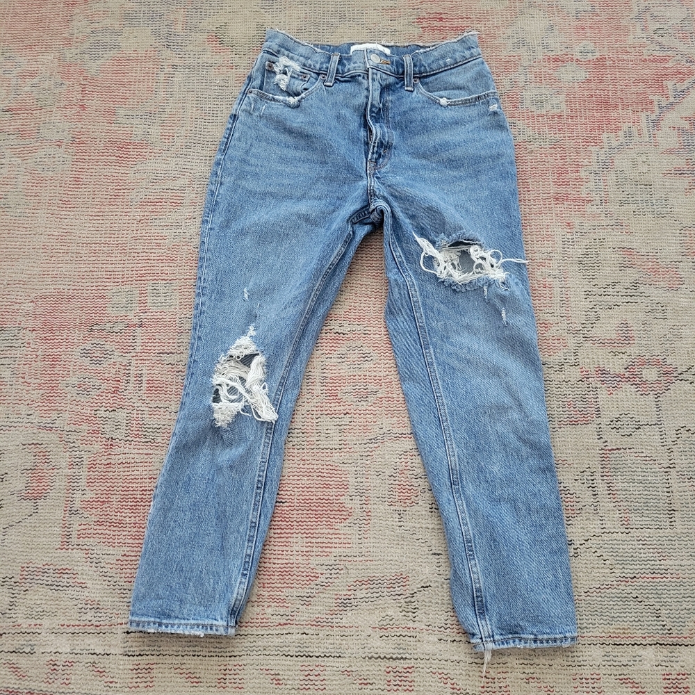 Abercrombie & Fitch a&f high rise mom jeans 26s ripped frayed distressed holes